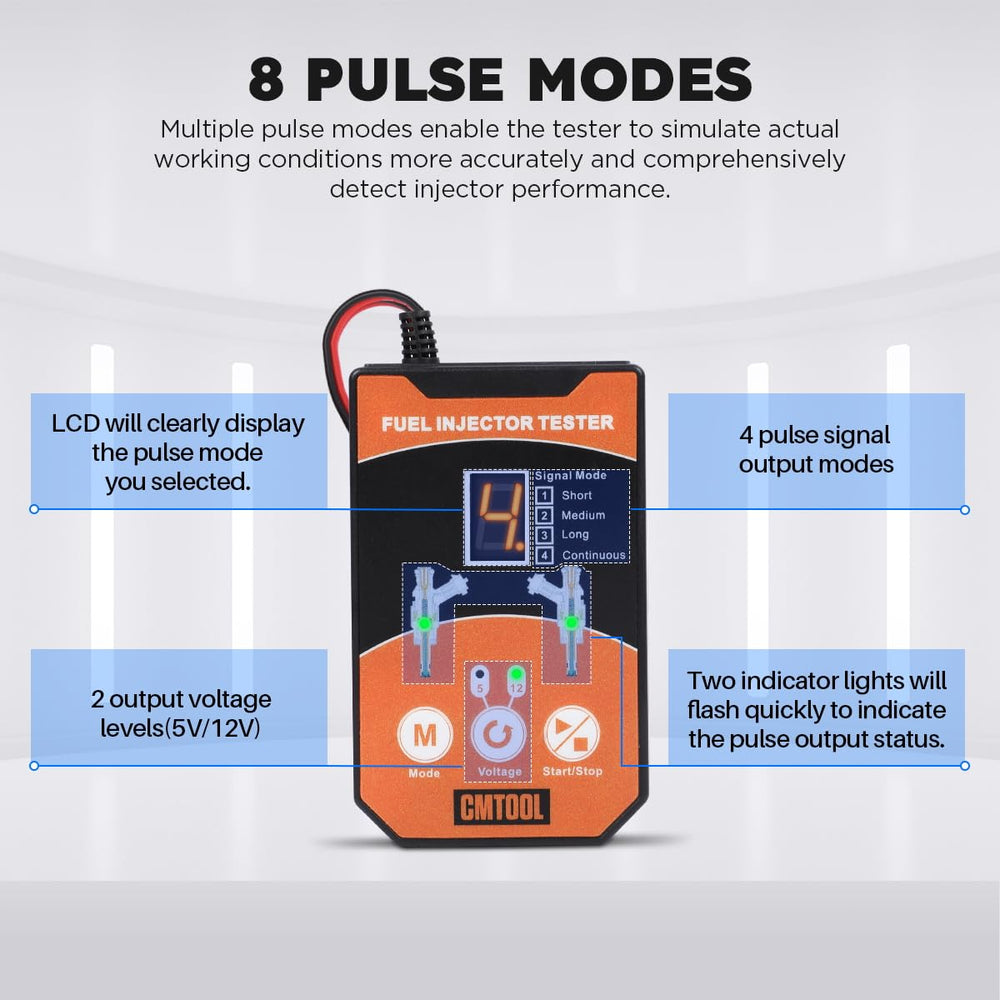 CMTOOL fuel injector tester with reverse polarity protection safety feature