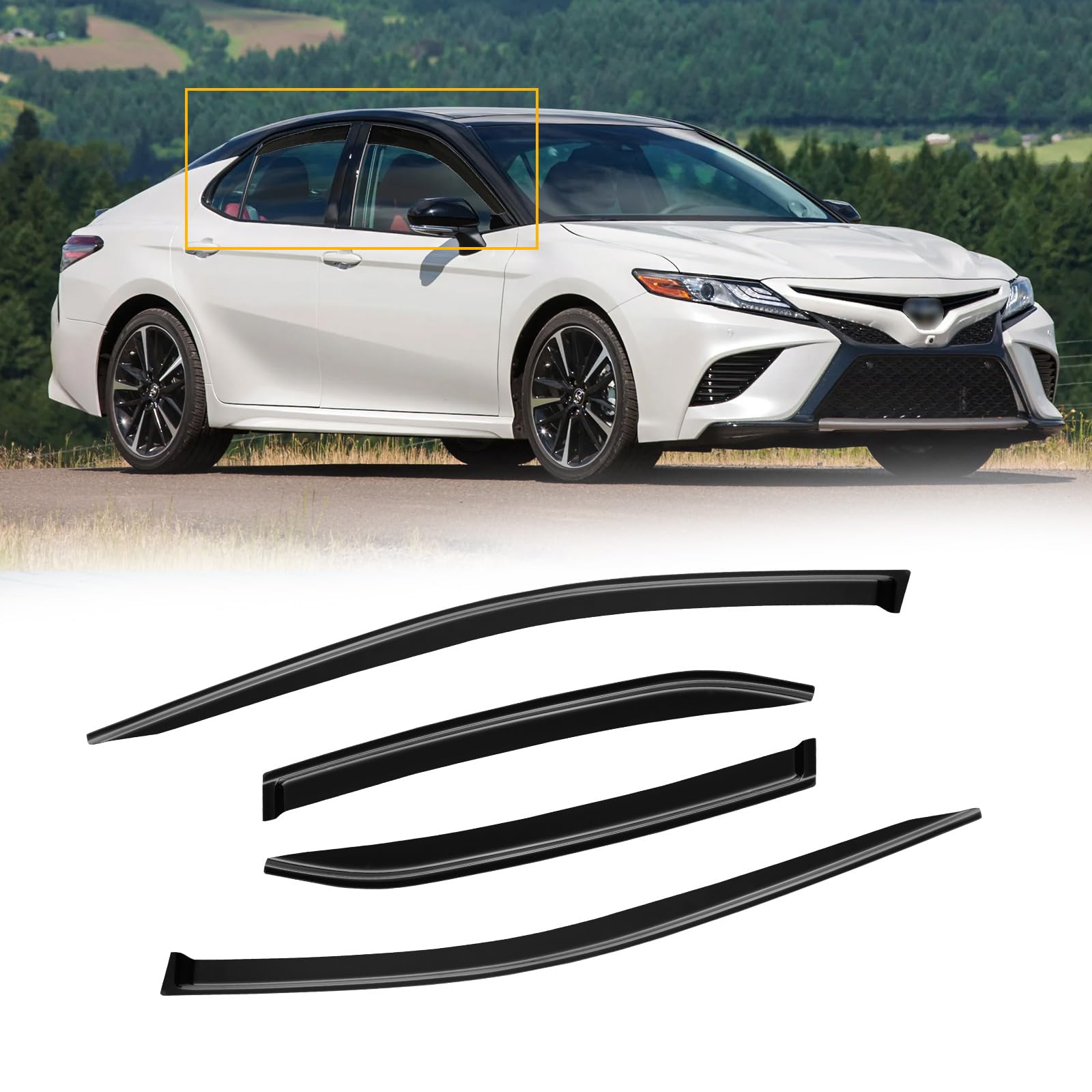 CMVT Auto rain guards on Camry front-left, showcasing airflow protection and rain shielding.