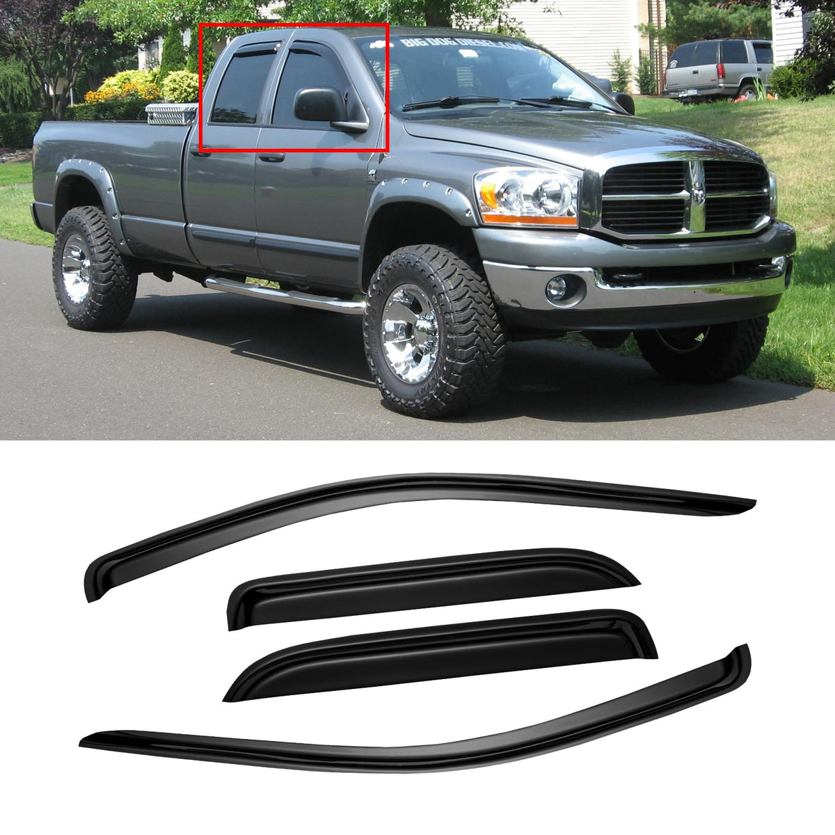 CMVT Auto window visors on a Dodge Ram 1500 quad cab, front-left for rain protection.