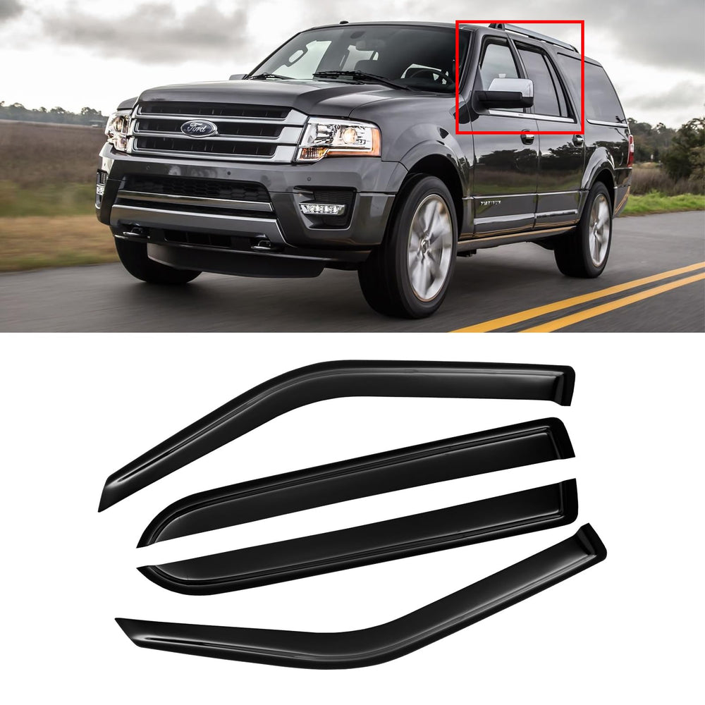 CMVT Auto window visors on Expedition side, dark smoke finish, reduces wind intrusion.