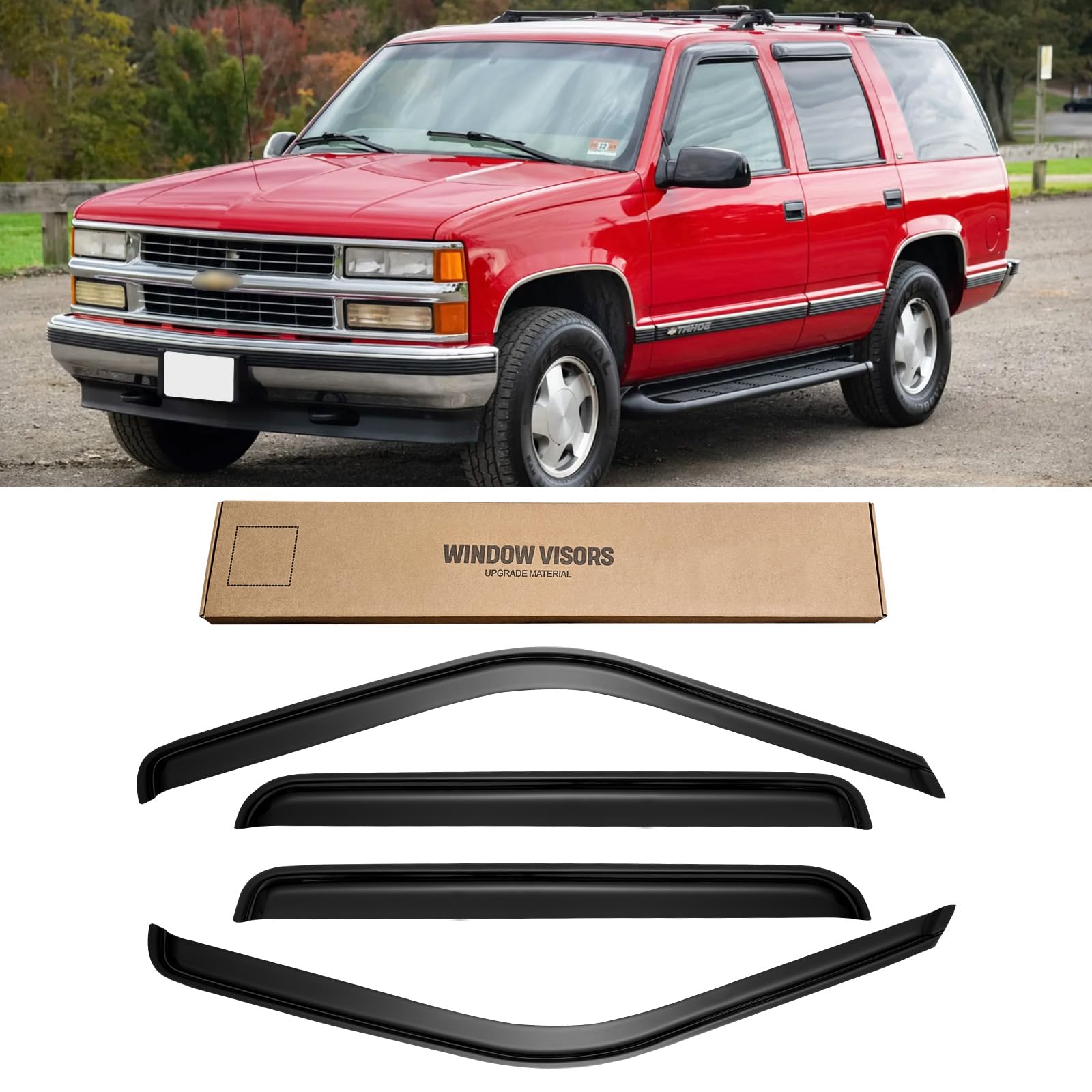Four-piece CMVT Auto window visors set covers all windows for cohesive protection.