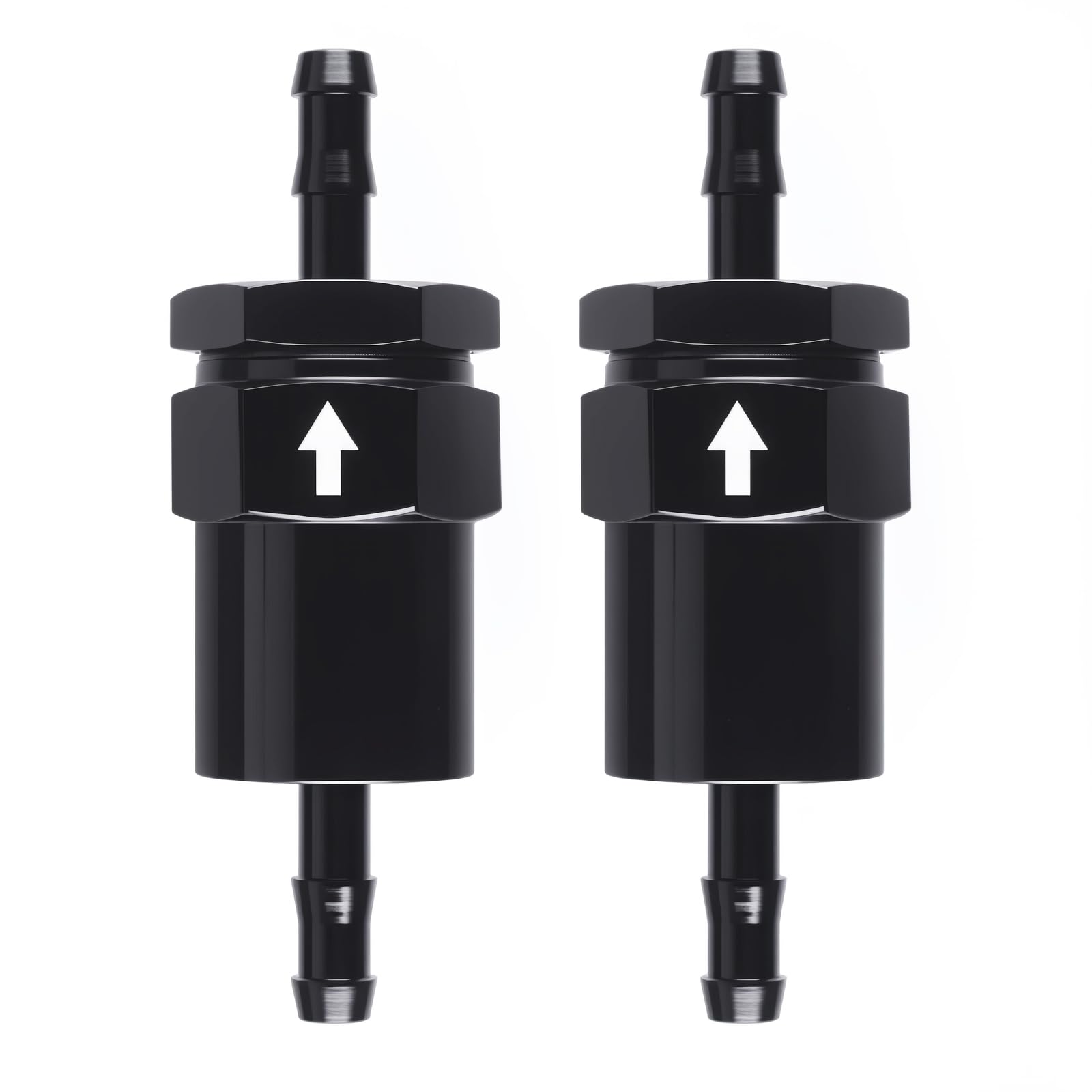 CNRAQR billet inline fuel filter 30 micron close-up with rugged black anodized finish.