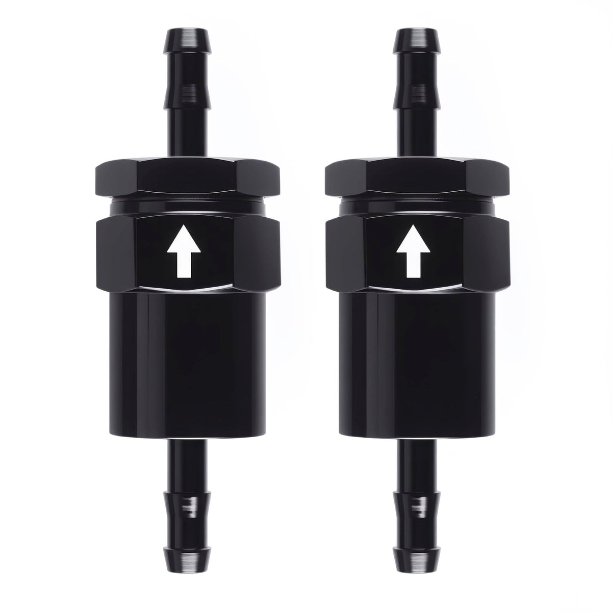 CNRAQR billet inline fuel filter 30 micron close-up with rugged black anodized finish.