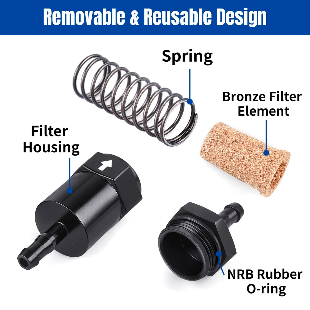 CNRAQR billet inline fuel filter 6061-T6 aluminum construction and anti-corrosion finish.