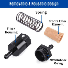 CNRAQR billet inline fuel filter 6061-T6 aluminum construction and anti-corrosion finish.