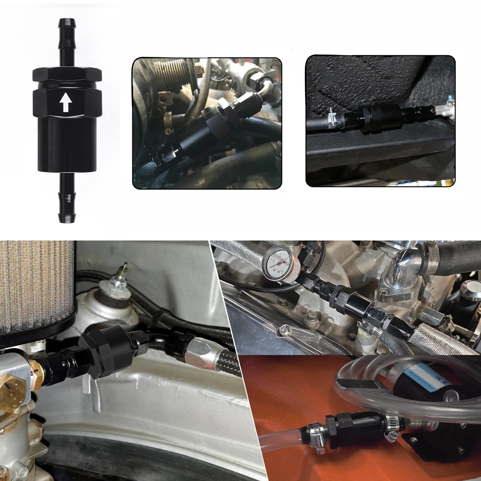 CNRAQR billet inline fuel filter with sintered bronze 30 micron element.