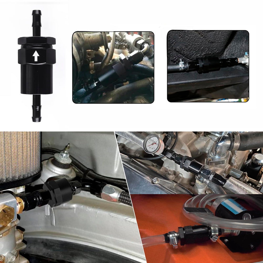 CNRAQR billet inline fuel filter with sintered bronze 30 micron element.