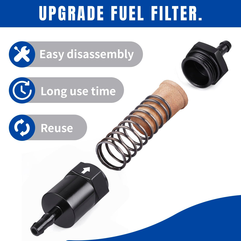 CNRAQR inline fuel filter shows 2.07in housing length for compact installation.