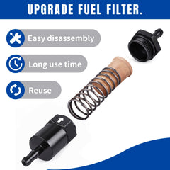 CNRAQR inline fuel filter shows 2.07in housing length for compact installation.