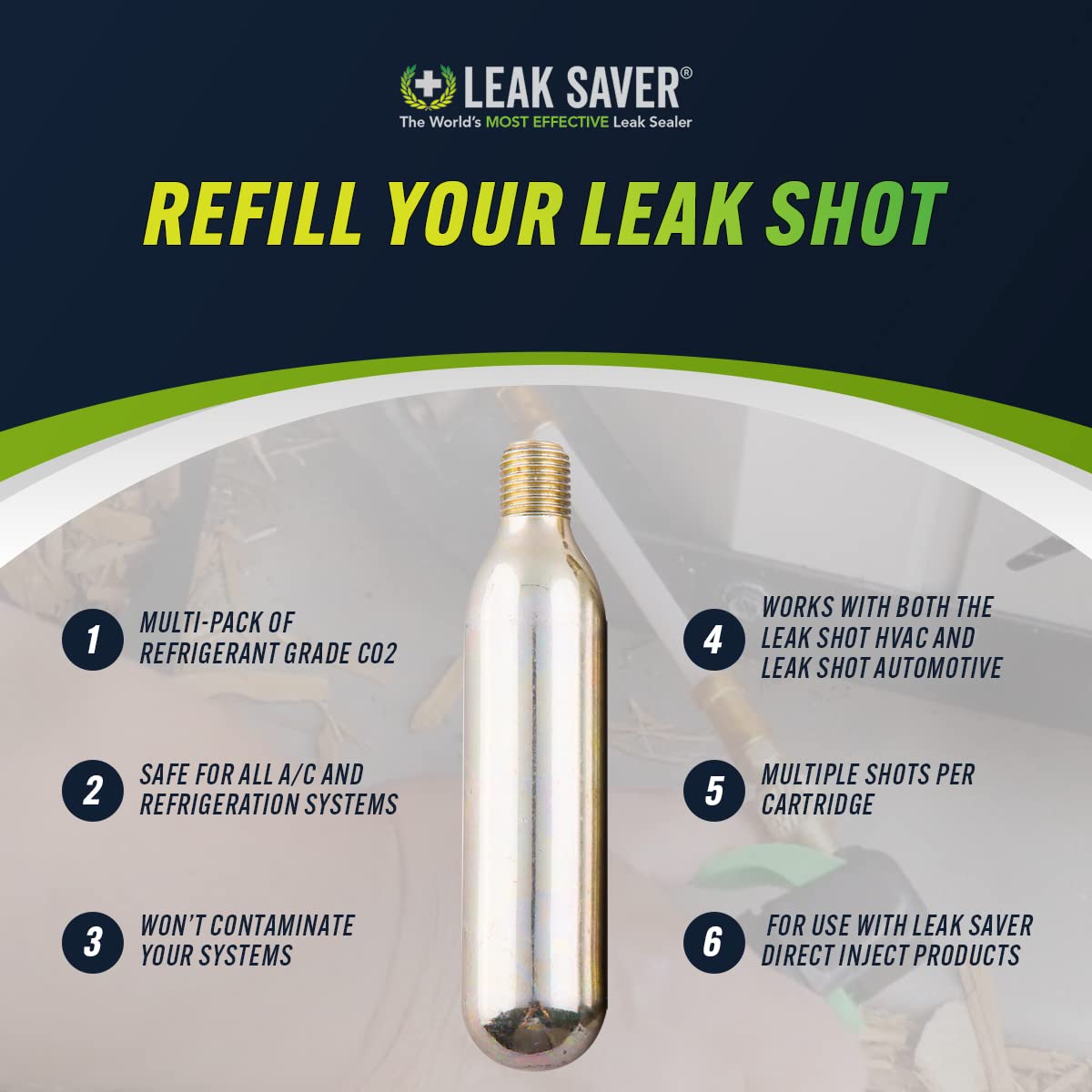 Leak Saver co2 refill cartridge packaging keeps supplies organized for fast HVAC service sessions