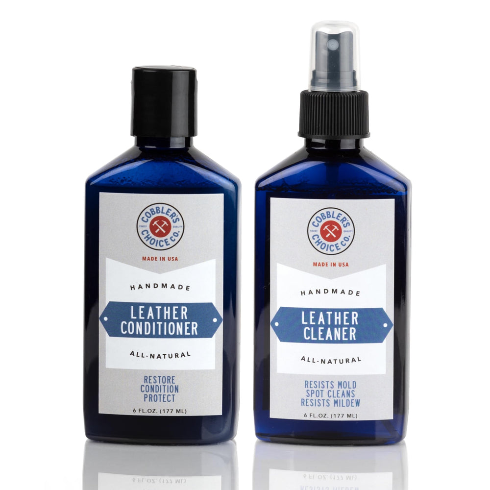 Cobbler's Choice Leather Cleaner bottle showing safe dirt removal for leather