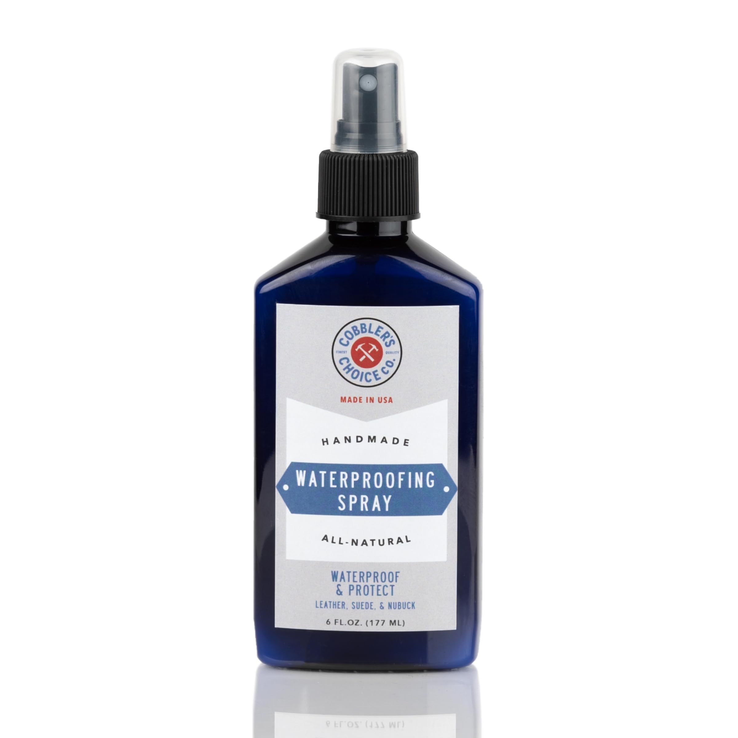 Cobbler's Choice waterproofing spray bottle applying all-natural protection for leather