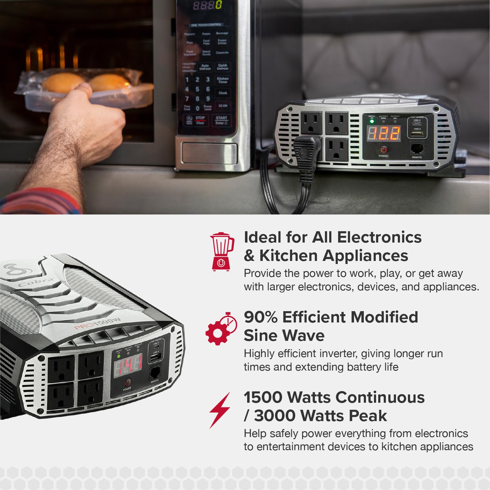 Cobra PRO 1500W four AC outlets powering multiple devices in a vehicle.