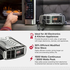 Cobra PRO 1500W four AC outlets powering multiple devices in a vehicle.
