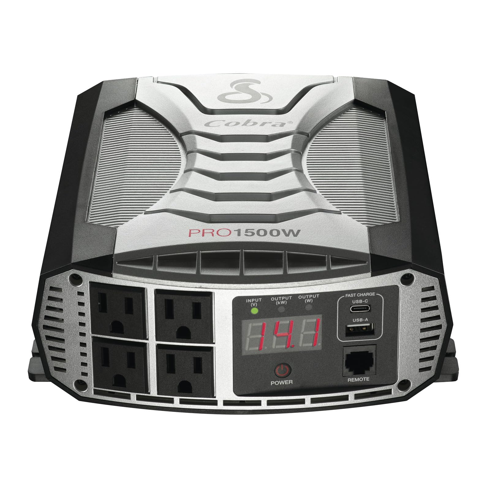 Cobra PRO 1500W inverter front panel showing four grounded outlets for on‑the‑go power.
