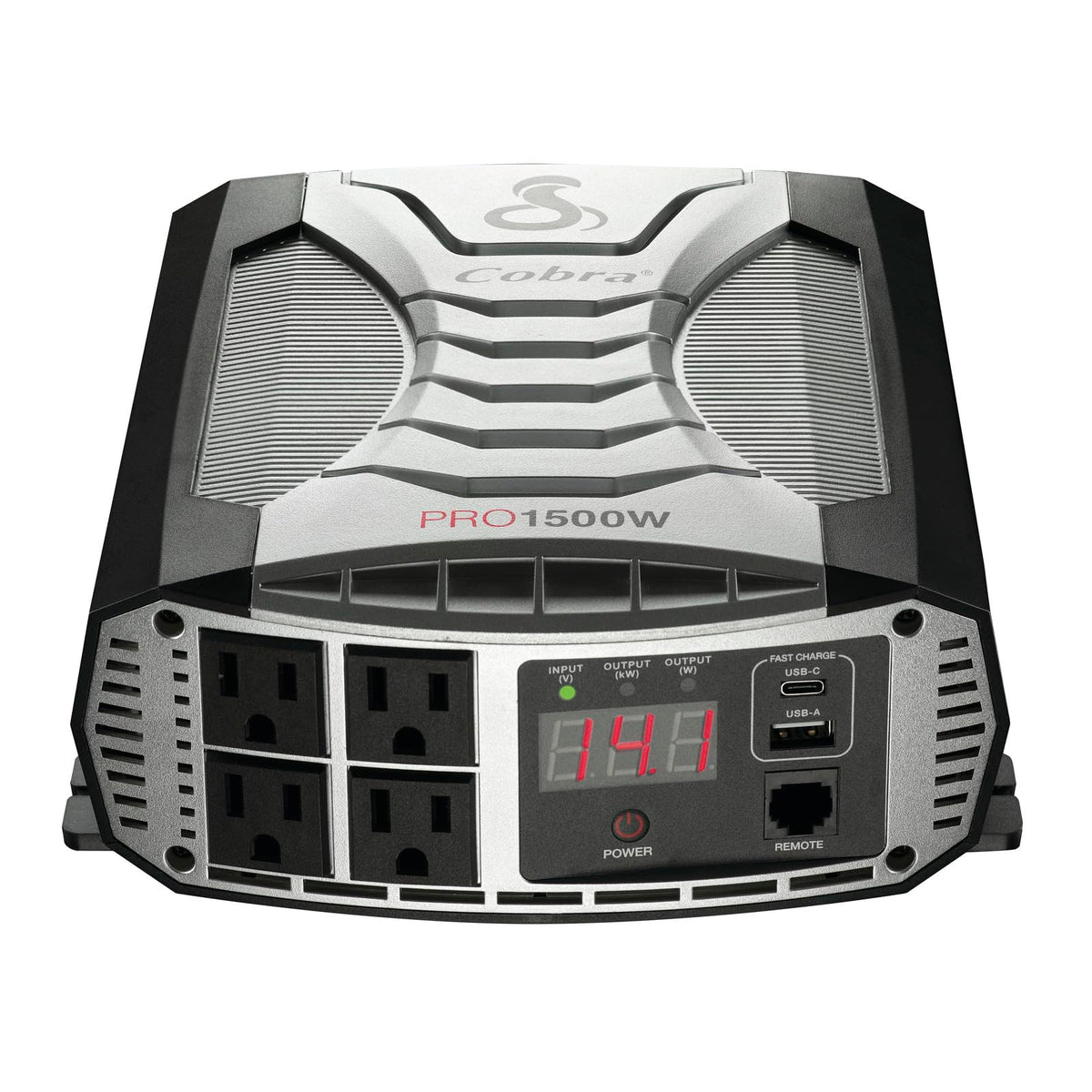 Cobra PRO 1500W inverter front panel showing four grounded outlets for on‑the‑go power.