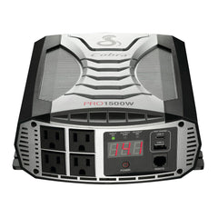 Cobra PRO 1500W inverter front panel showing four grounded outlets for on‑the‑go power.