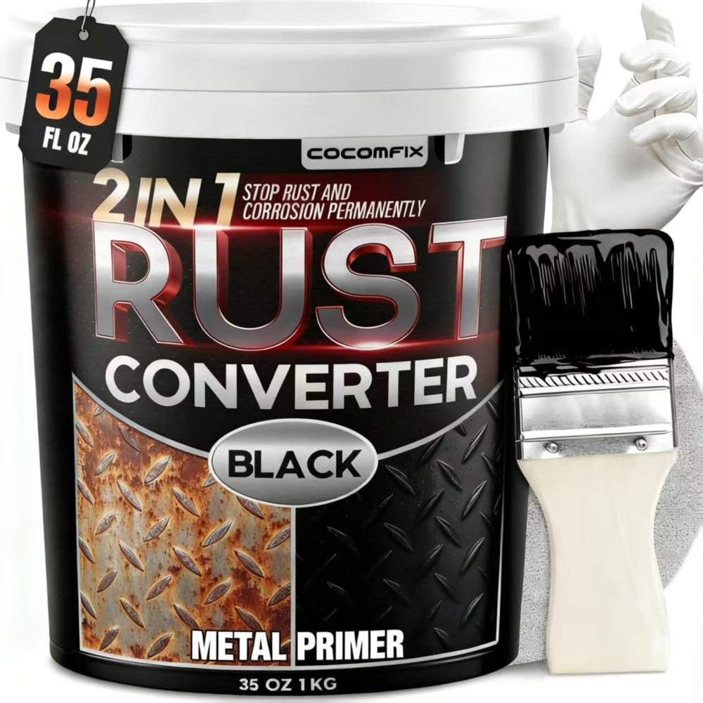 Cocomfix rust-converter bottle pouring onto rust to seal metal against corrosion.