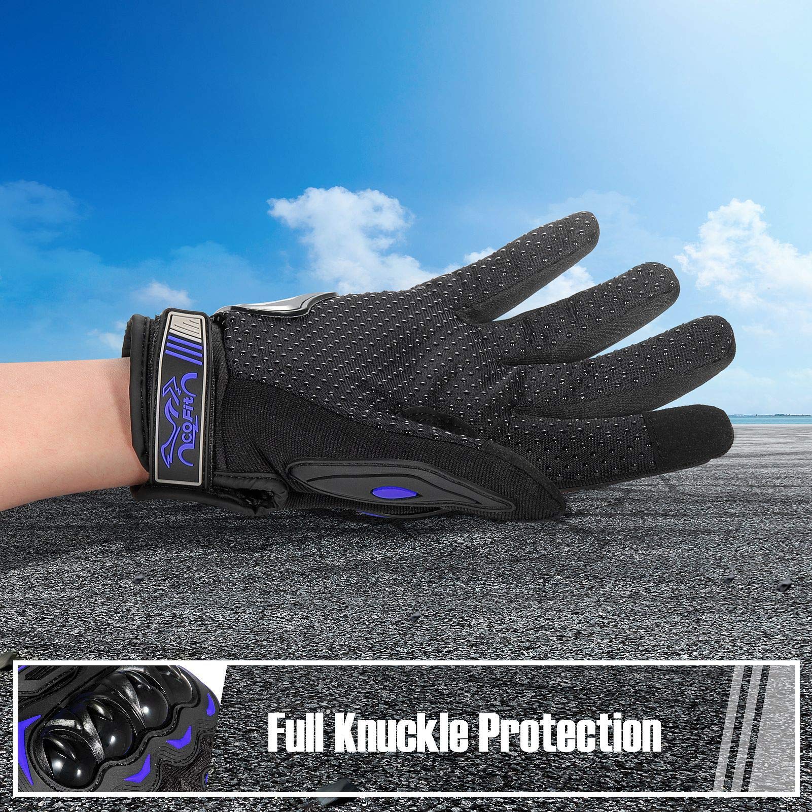 COFIT gloves feature hard knuckle protection for riding safety.