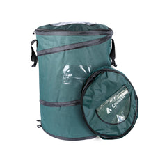 Coghlan's deluxe pop-up trash can in use, collapsible for easy transport at camping trips.