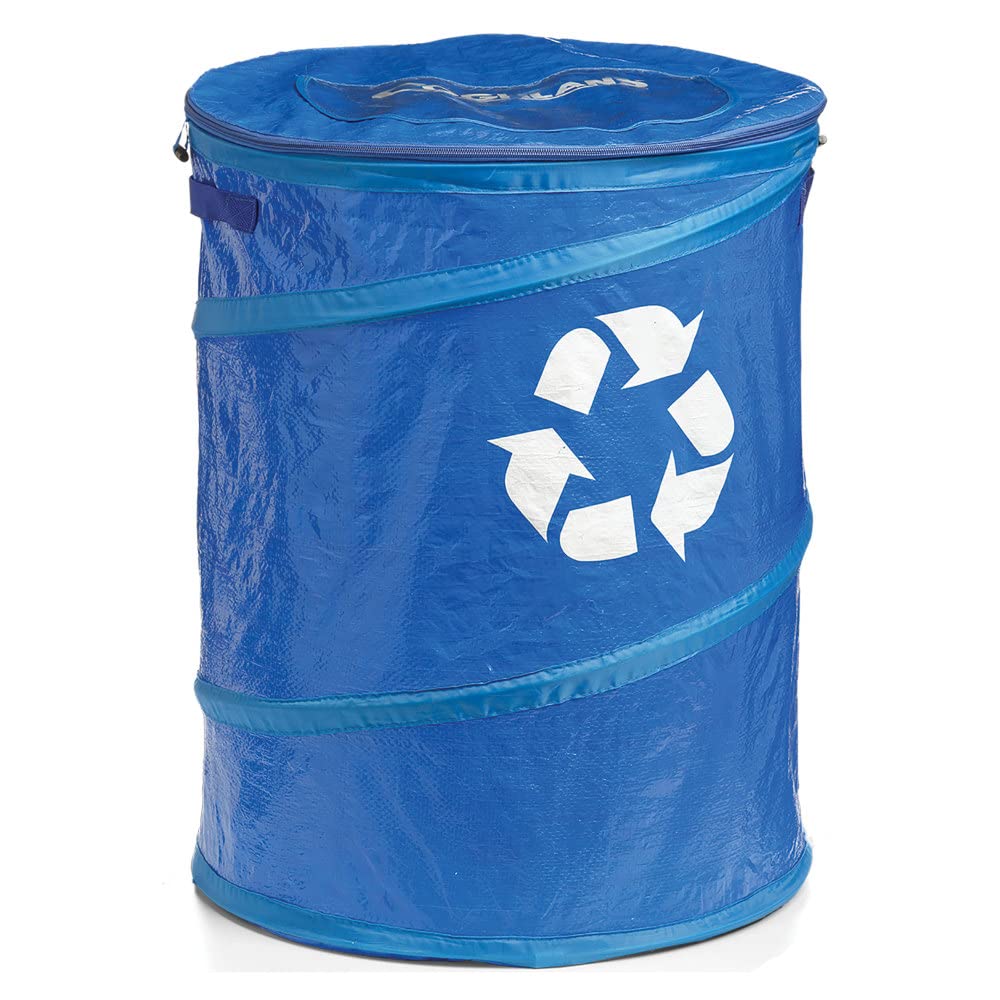 Coghlan's pop-up recycle bin demonstrates 111L capacity for camping trips.