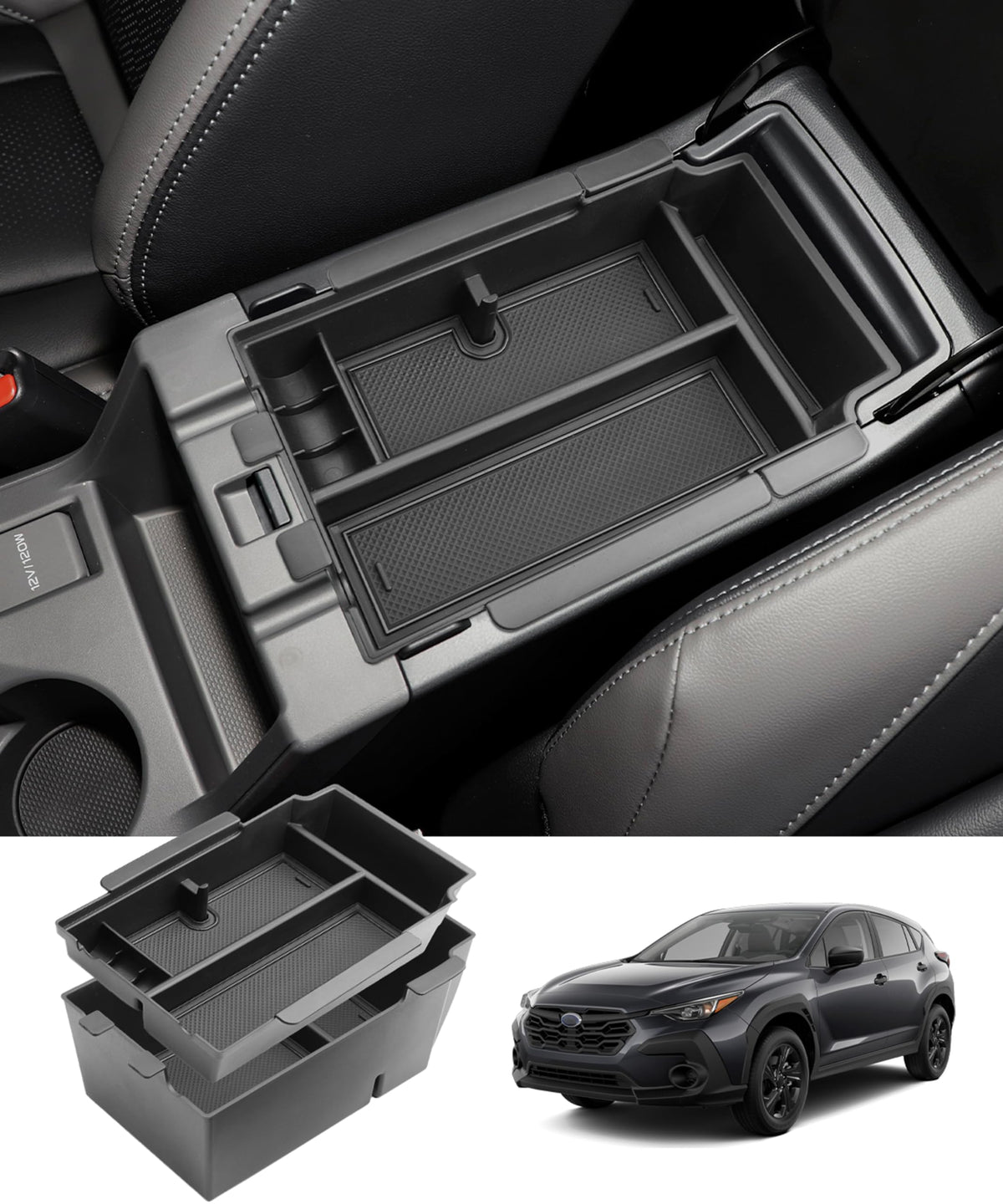 Coleya Crosstrek center-console two-layer top view showing organized storage