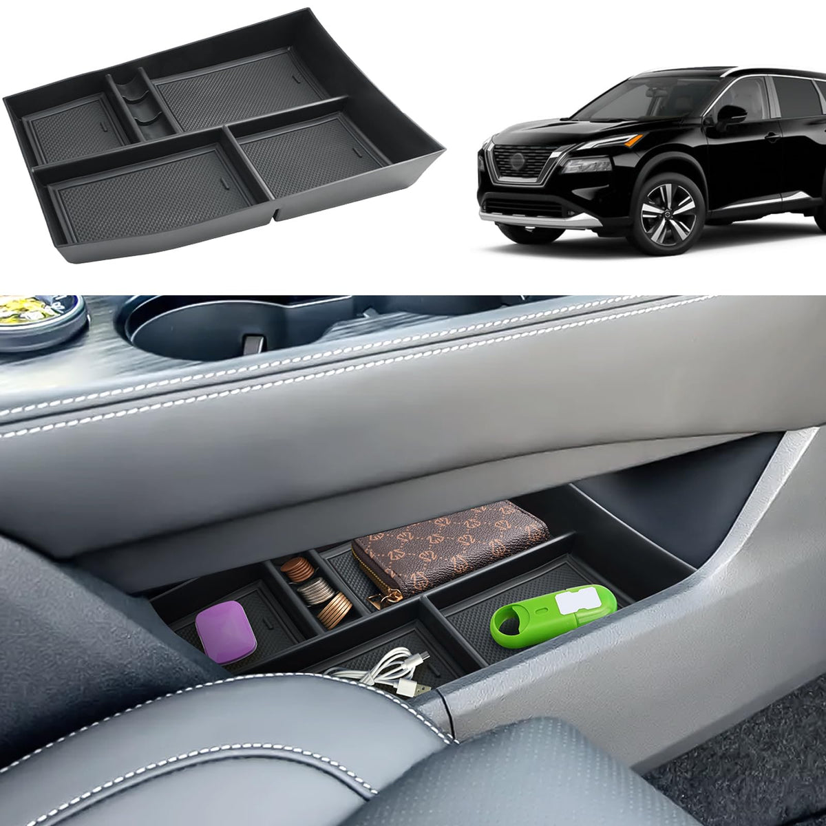 Coleya Rogue lower center console organizer fits Rogue 2021-2026 for secure storage during drives