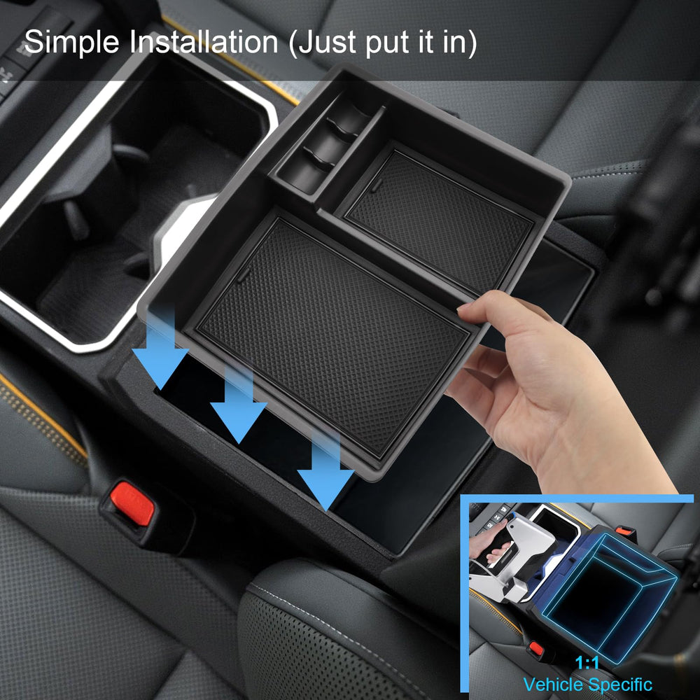 Coleya Tacoma console organizer shows tool-free installation steps