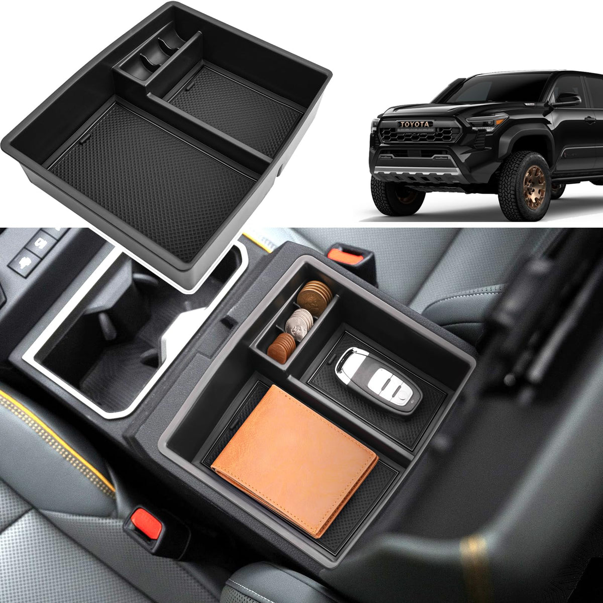 Coleya Tacoma console organizer top view for organized, easy-access storage