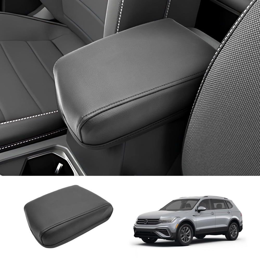 Coleya Tiguan center console cover front view with premium leather and perfect fit