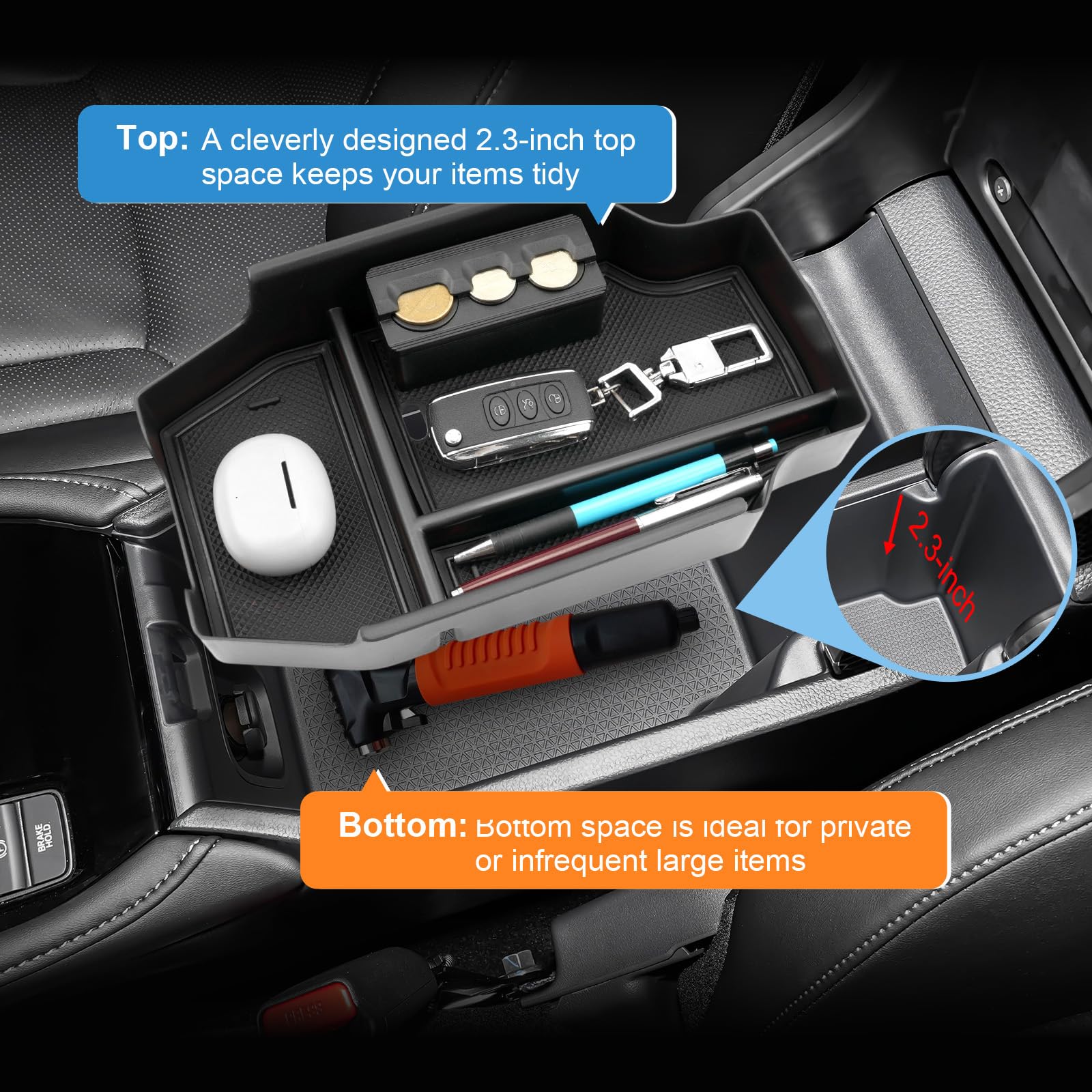 Coleya two-tier storage divides space for coins, cards, and small items.