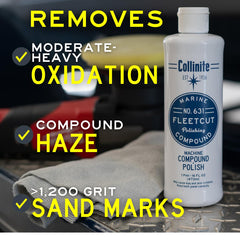 Collinite 631 Fleetcut oxidation-removal on fiberglass for renewed shine