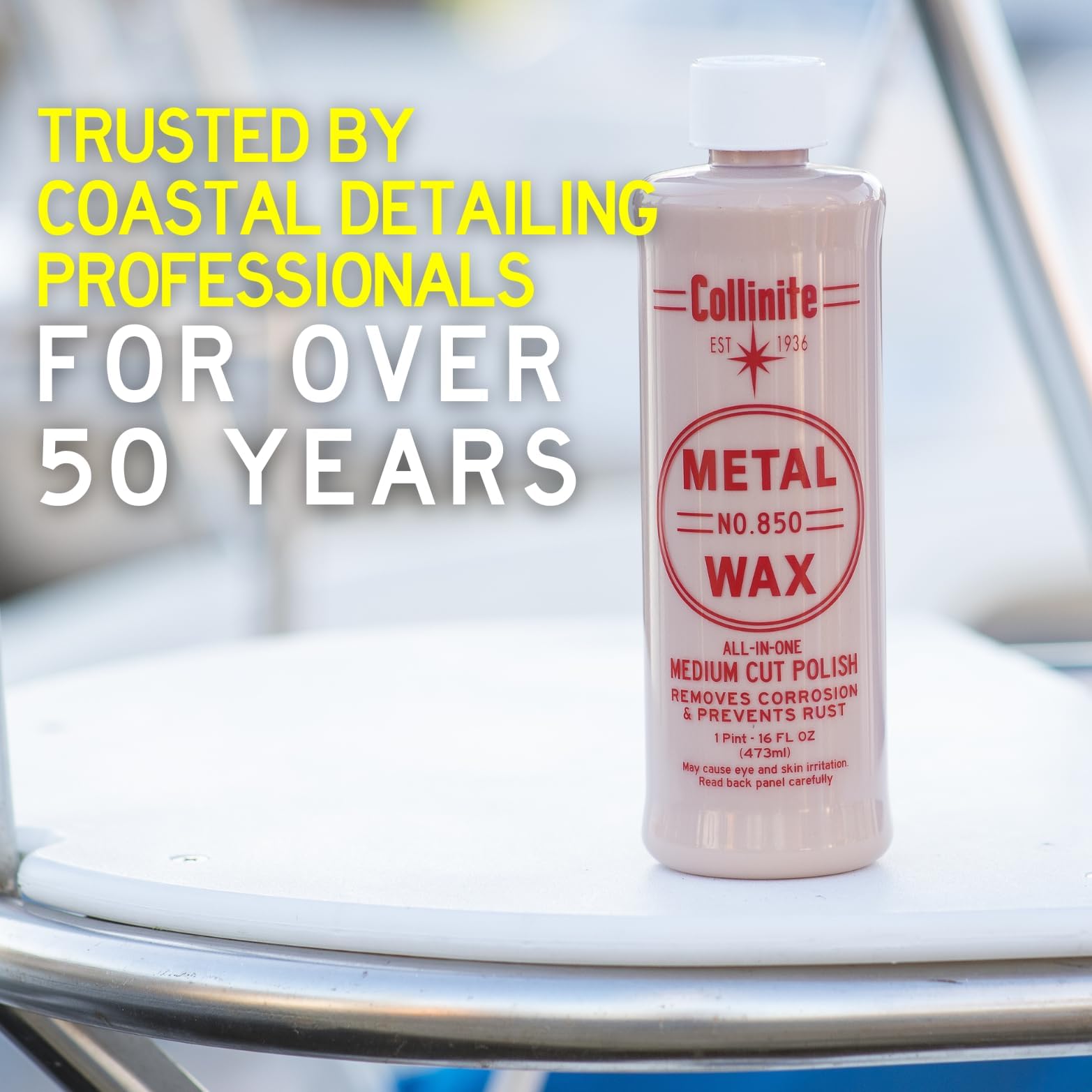 COLLINITE 850 Metal Wax on bare metal shows rust removal capability.
