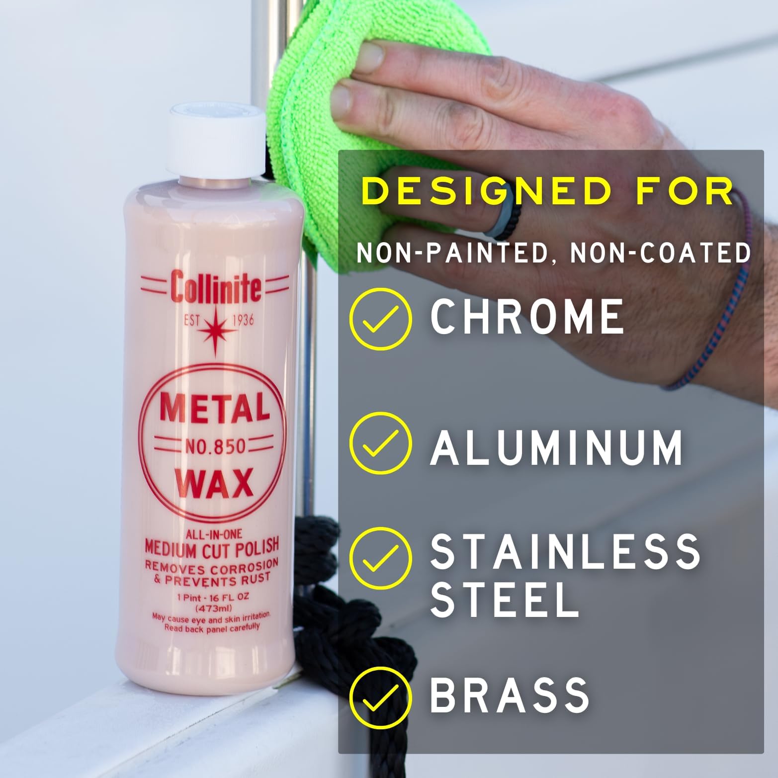 COLLINITE 850 Metal Wax creates water-beading on metal surfaces for protection.