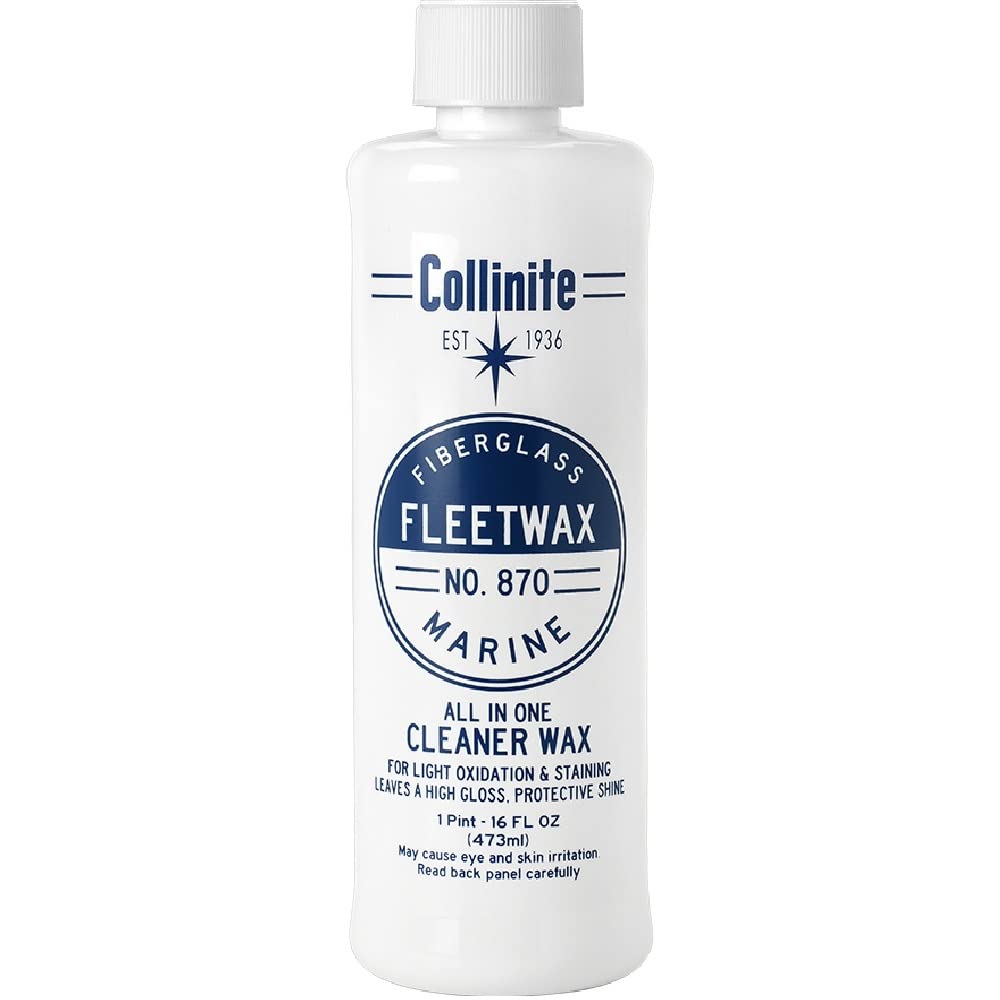 COLLINITE 870 All-In-One Cleaner Wax on gelcoat delivering a high-gloss shine and UV protection.