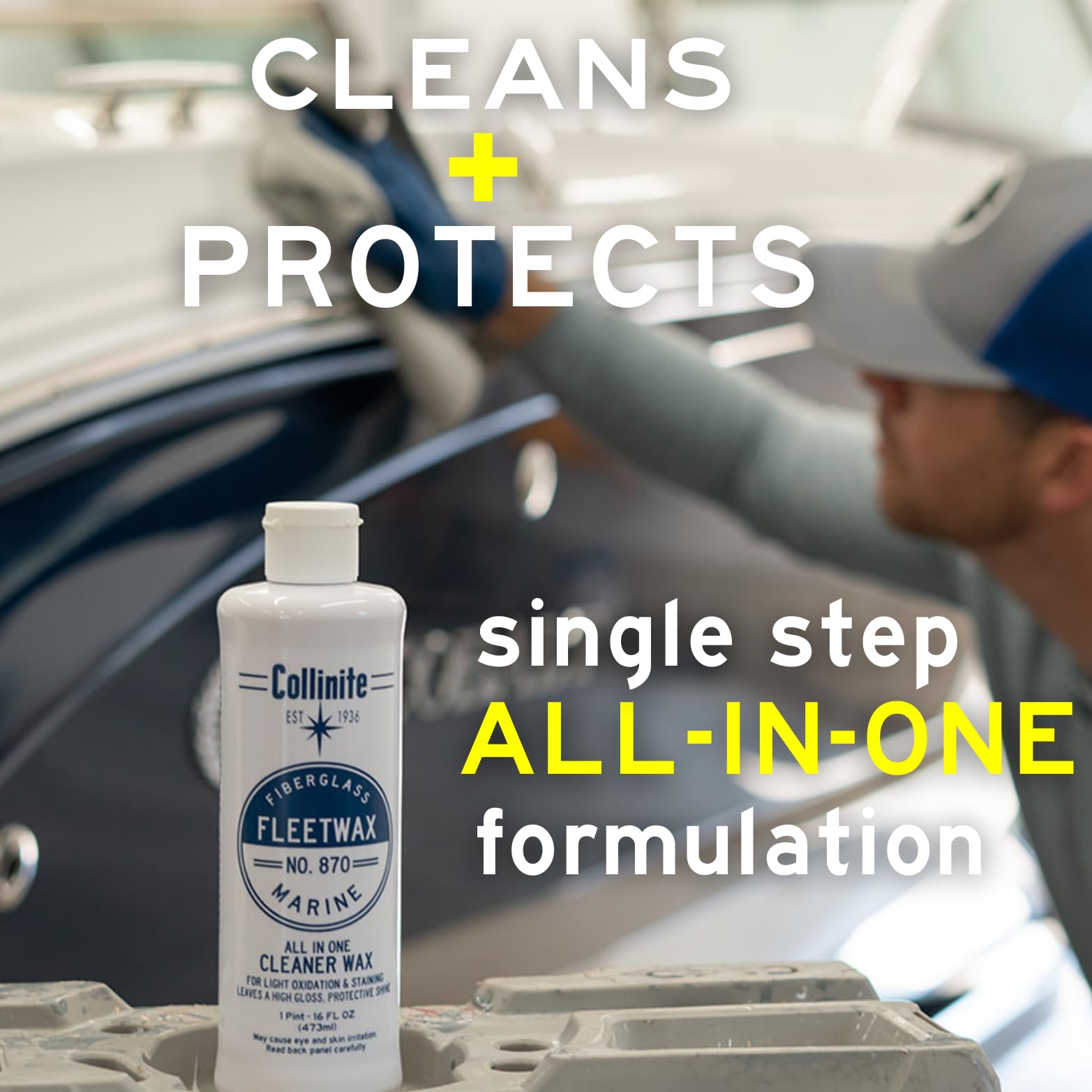 COLLINITE 870 Cleaner Wax hand-application on gelcoat for oxidation removal.