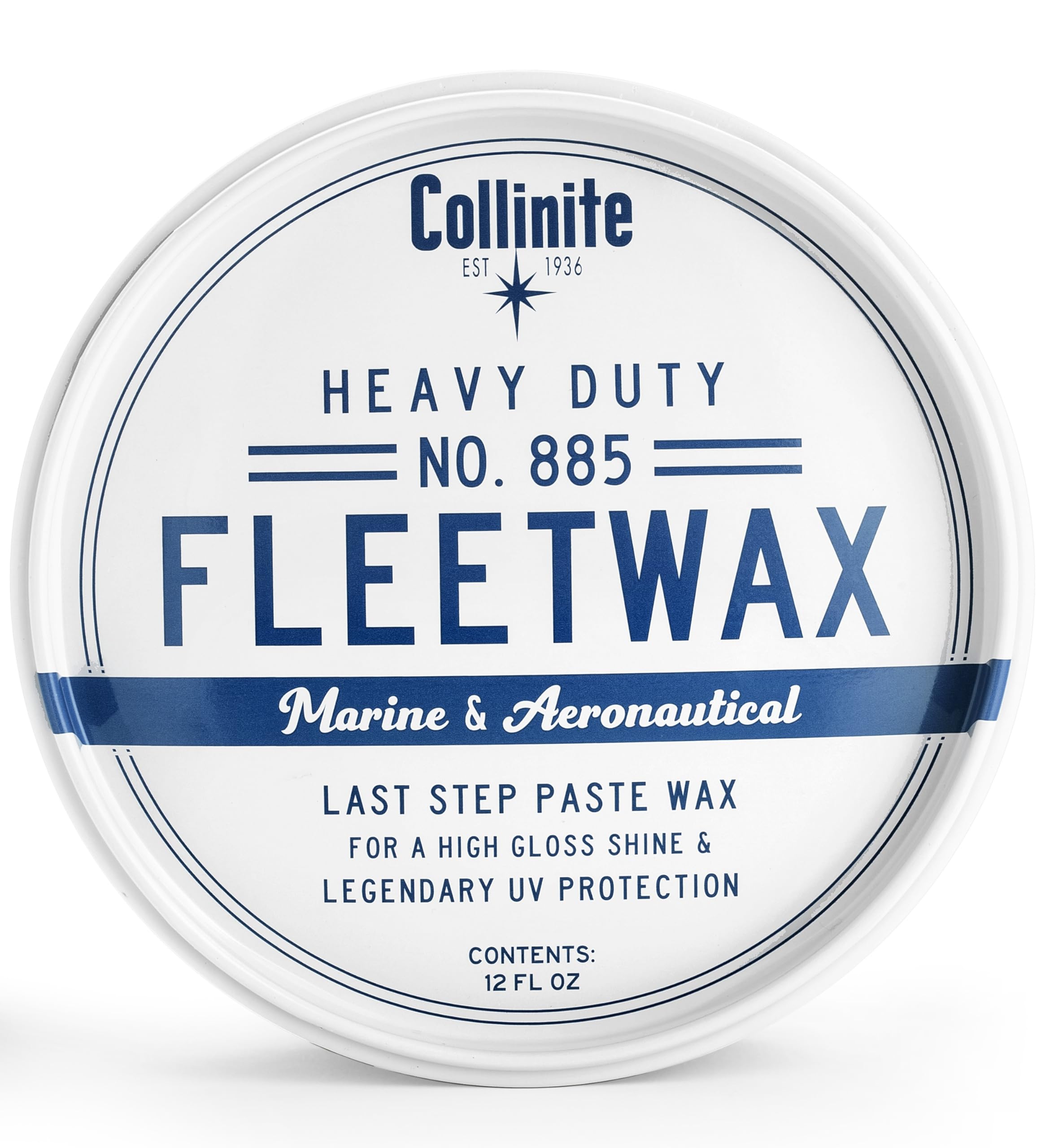 Collinite 885 Fleetwax bottle front view showing durable fiberglass protection.