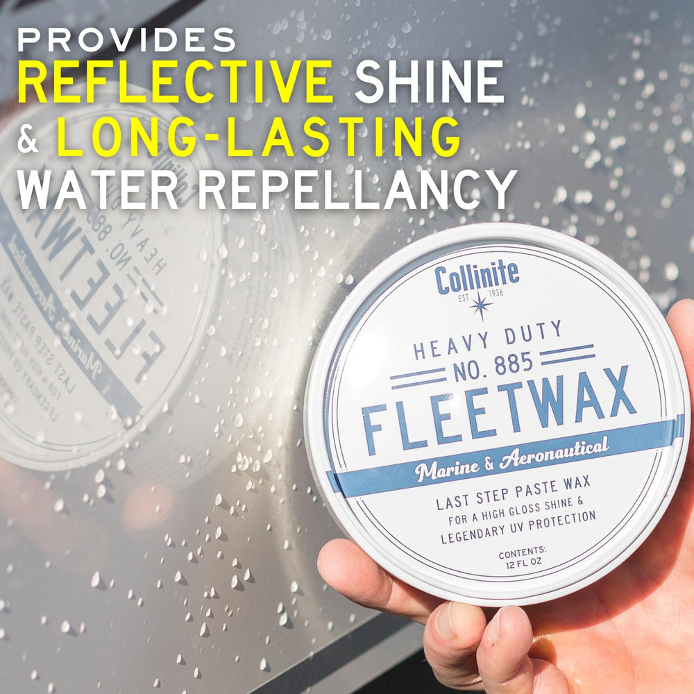 Collinite 885 Fleetwax used in marine setting on gelcoat surfaces.