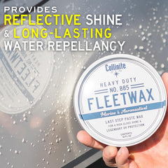 Collinite 885 Fleetwax used in marine setting on gelcoat surfaces.