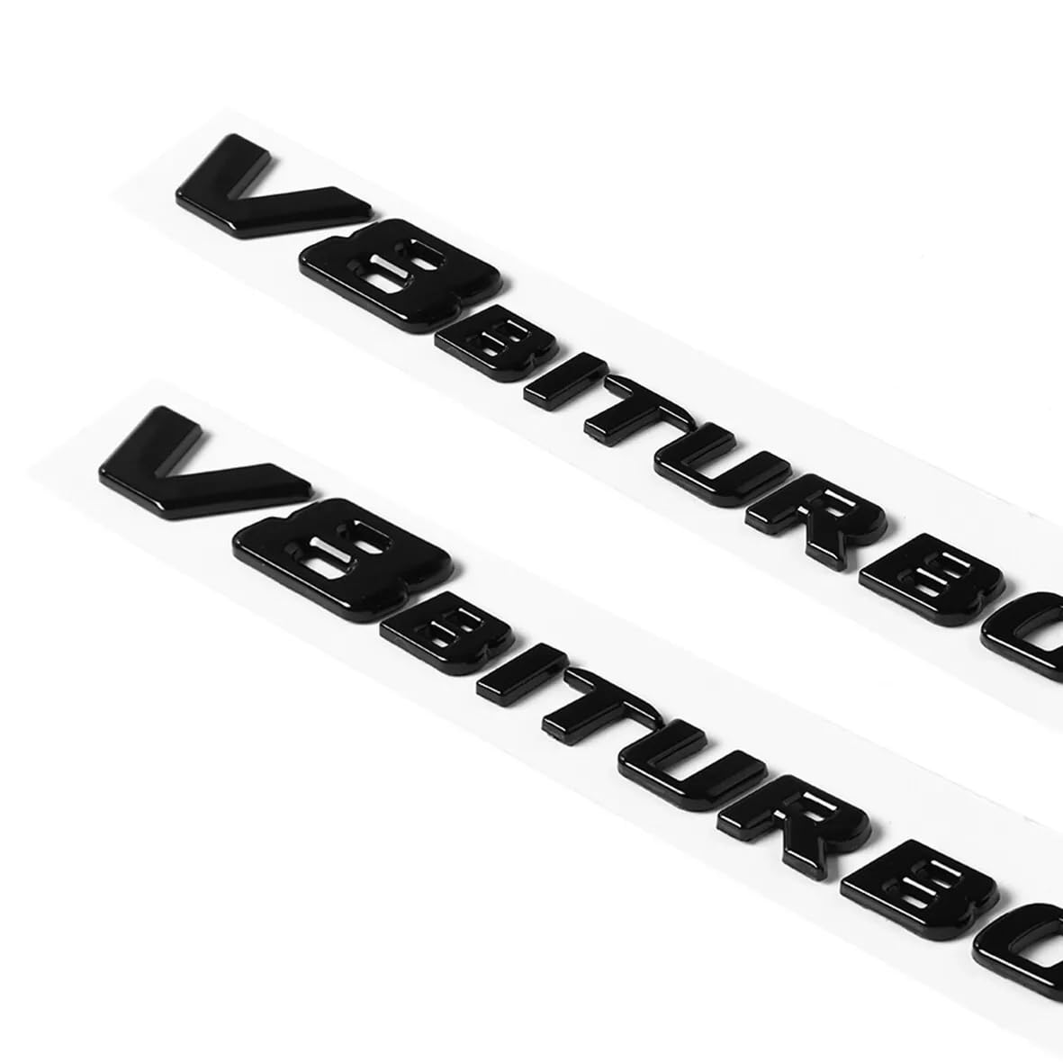Coloralya V8 Biturbo emblems close-up shows precise molding and durable ABS plastic.