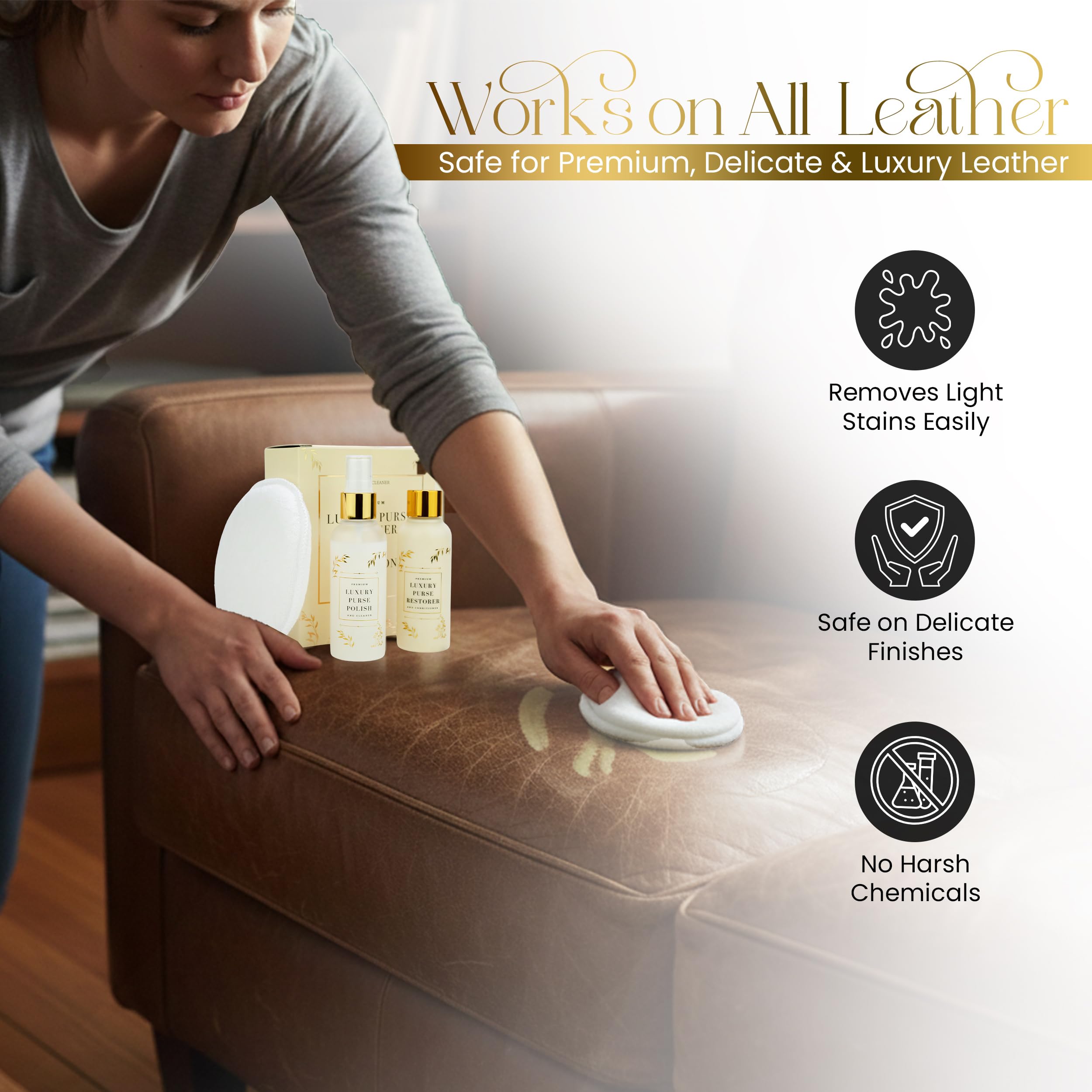Combat Cleaner in-use on designer bag demonstrates safe cleaning