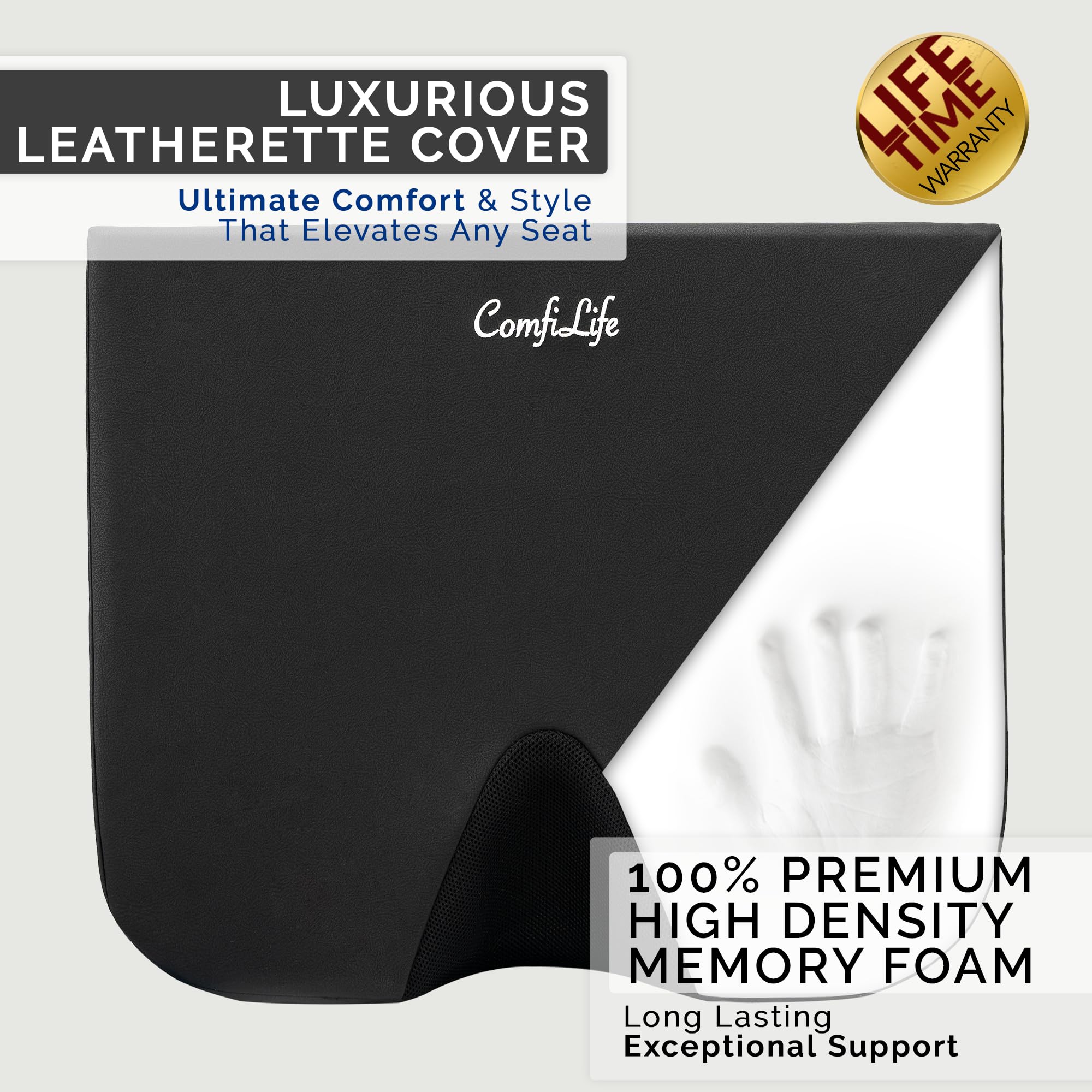 ComfiLife car seat cushion back view on a car seat for comfort during drives
