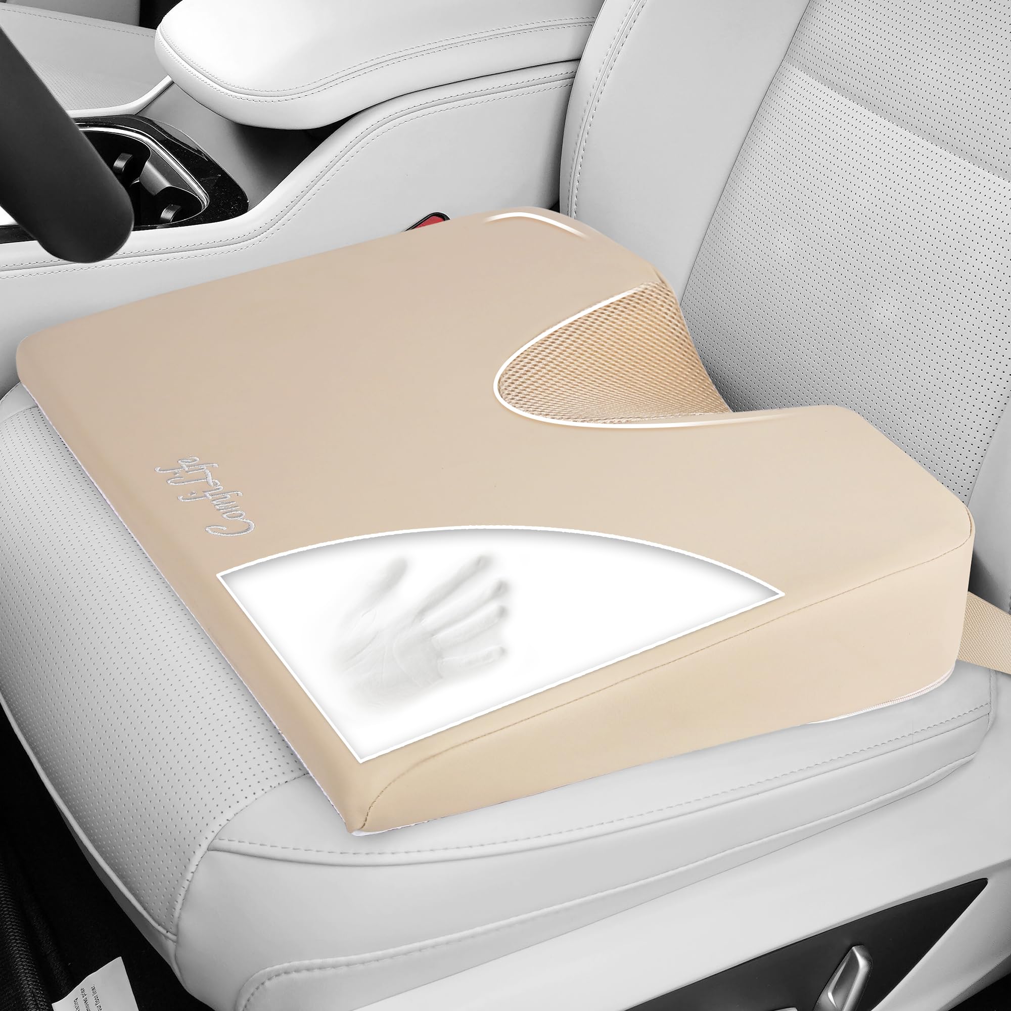 ComfiLife car seat cushion beige front view showing cozy memory foam support during drives