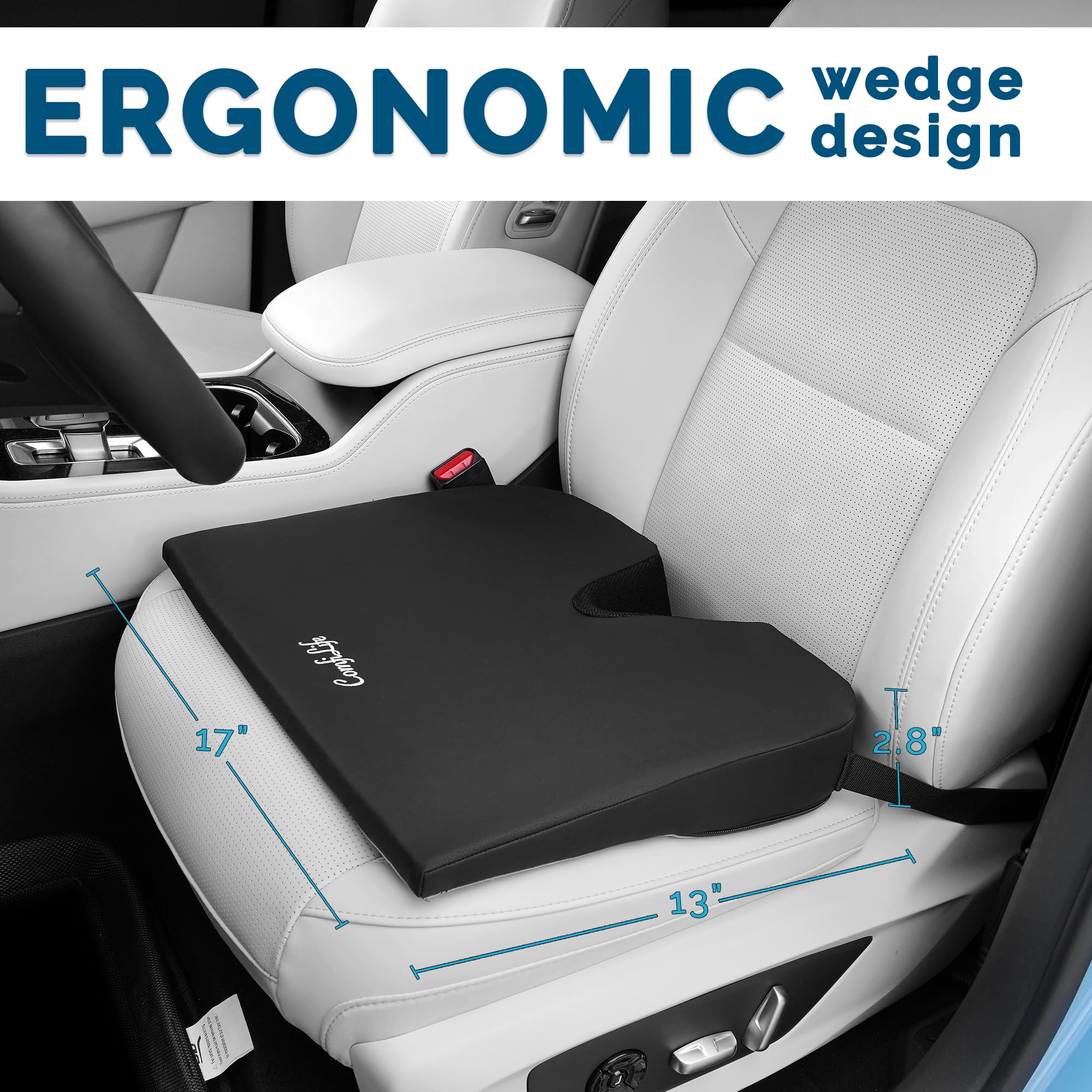 ComfiLife car seat cushion used by driver emphasizes back support on long trips