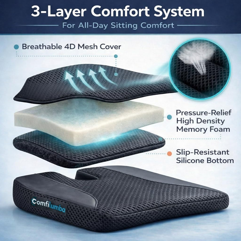 ComfiLumba coccyx tailbone support cushions the tailbone on extended rides.