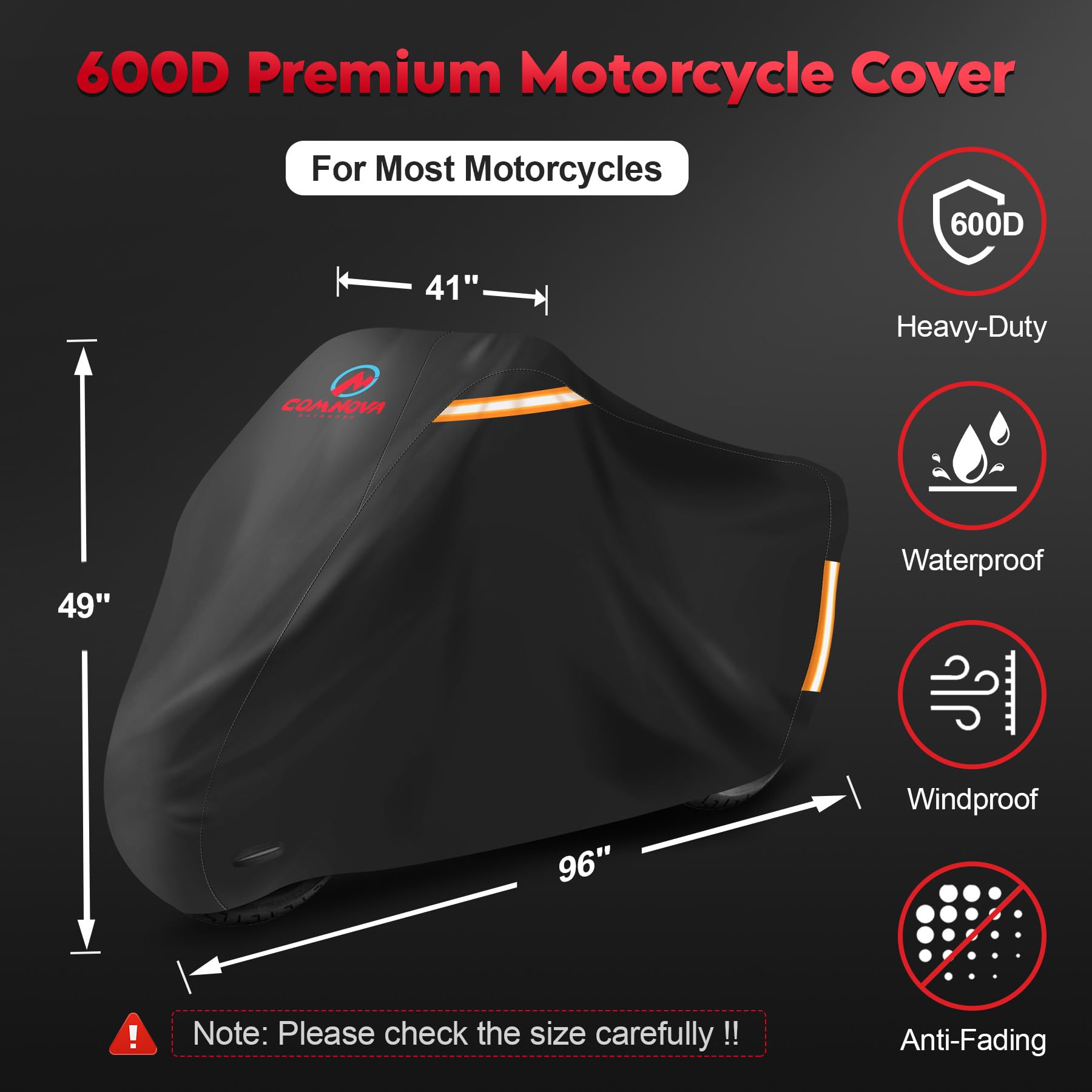 Comnova 600D Oxford fabric cover guards bikes against weather and wear, year-round.