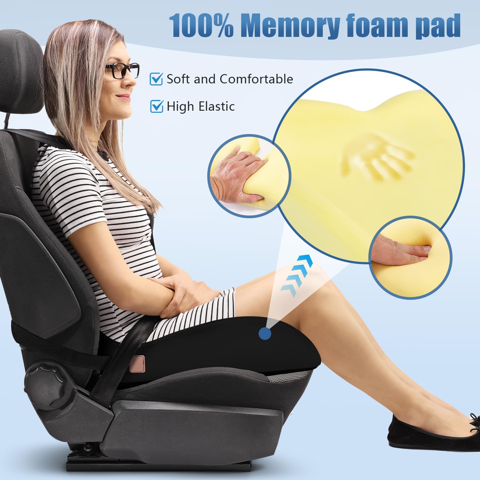 Comphekept anti-slip-base prevents cushion movement on bumpy seats.