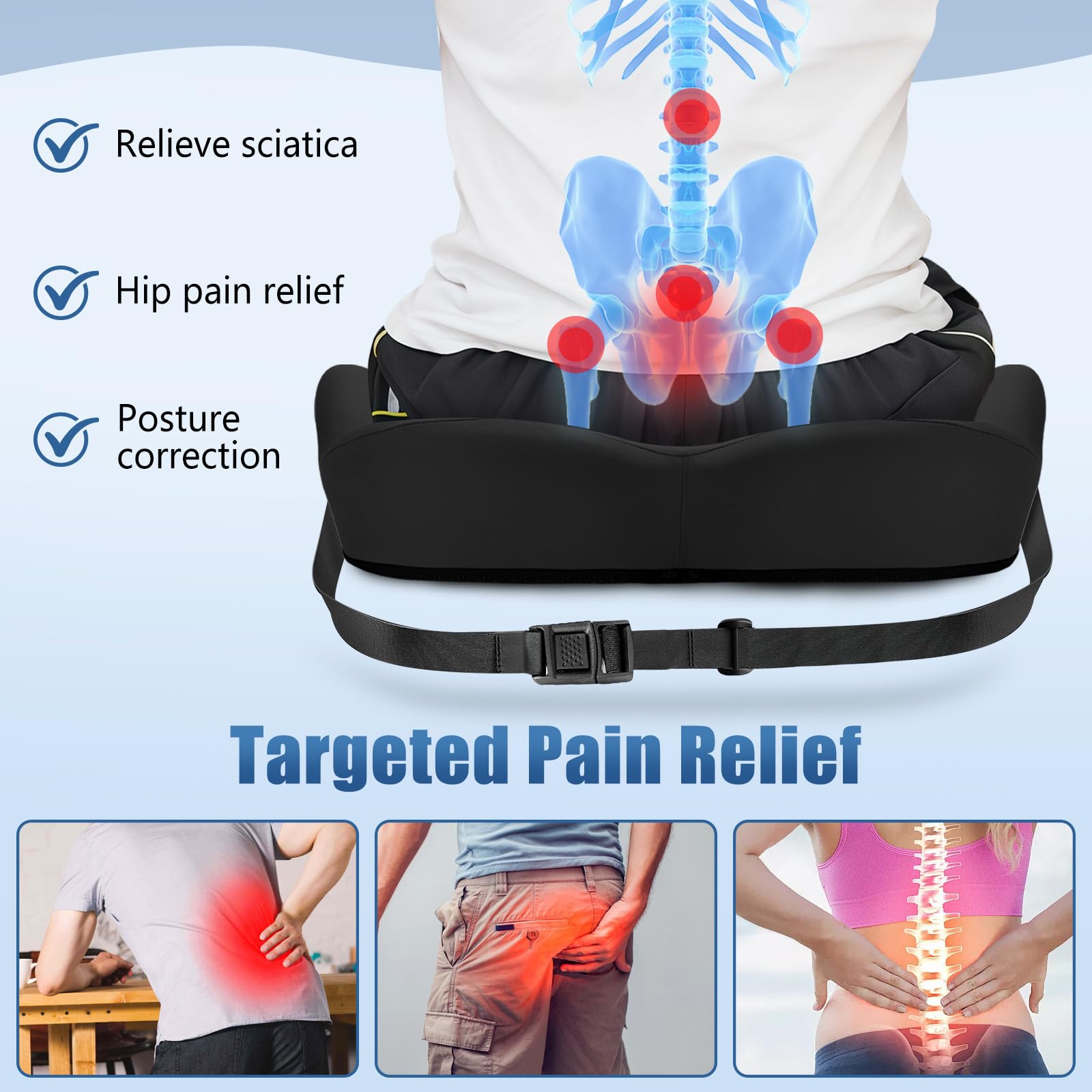 Comphekept tailbone-relief cushion reduces pressure during extended commutes.