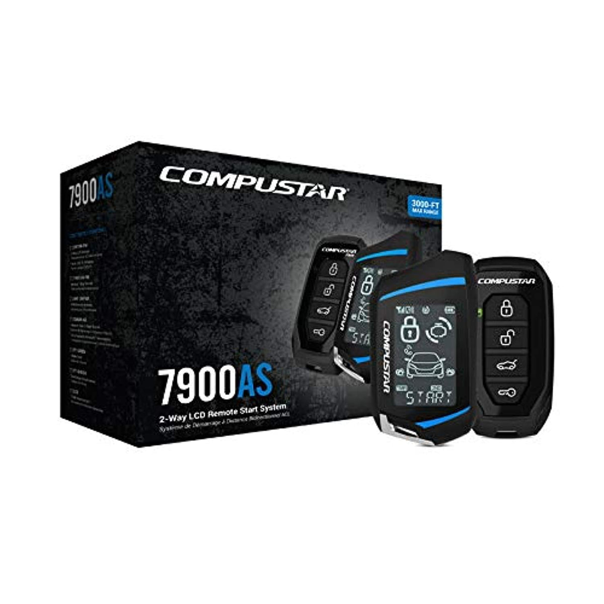Compustar CS7900-AS remote start with LCD status display highlighting range effectiveness