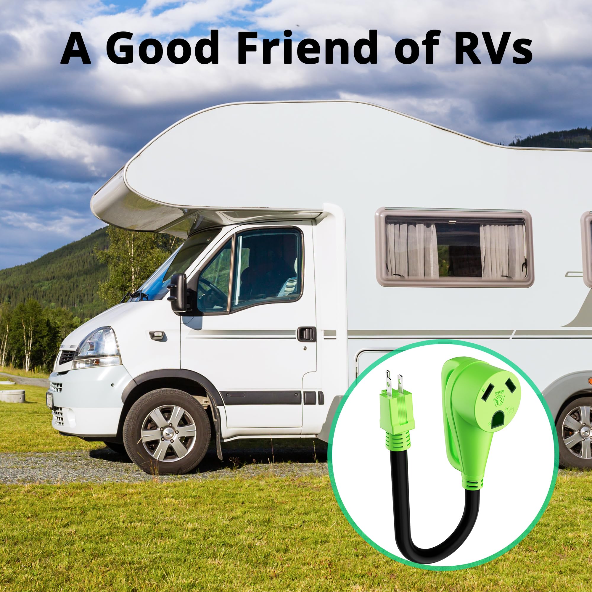 12-inch outdoor-rated cord shown in rugged RV setup